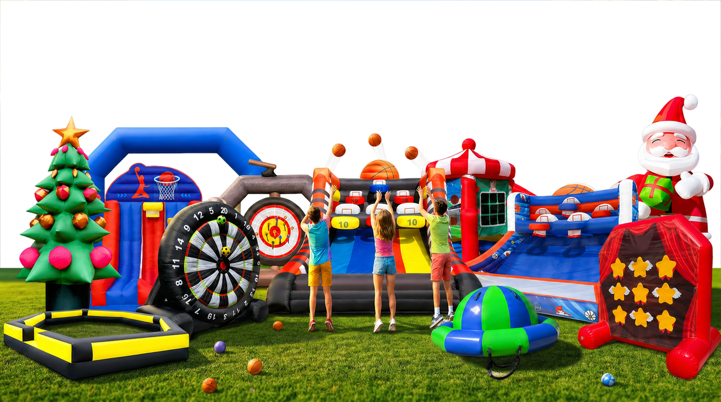 OZIS inflatable games — basketball hoops, gaga ball pit, dome rocker, holiday decor